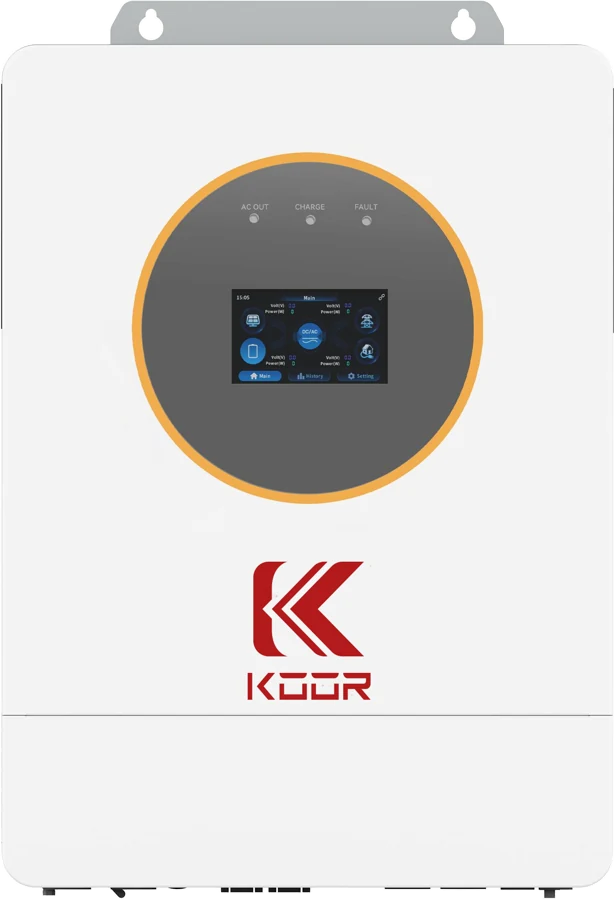 KOOR 12K off-grid inverter, white wall-mount unit with round touch display and KOOR logo