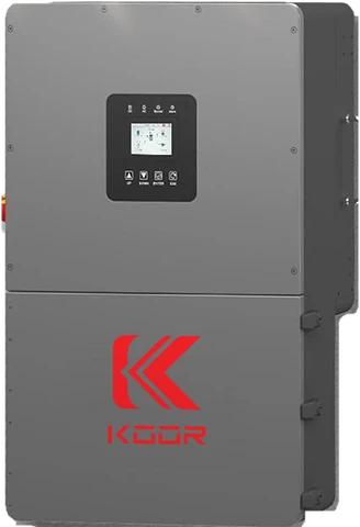 KOOR All-in-One hybrid inverter, grey wall-mount unit with touch display and KOOR logo