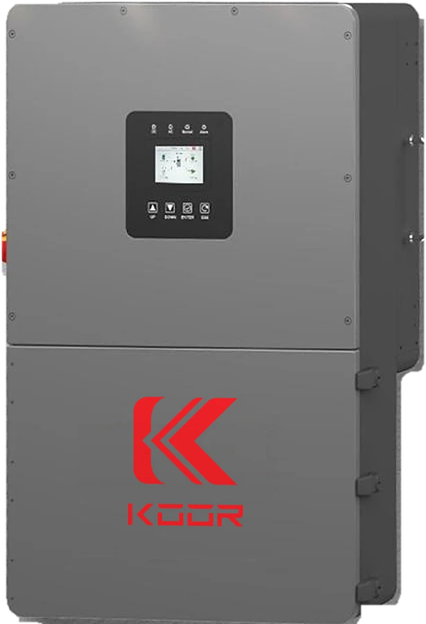 KOOR All-in-One hybrid inverter, grey wall-mount unit with touch display and KOOR logo